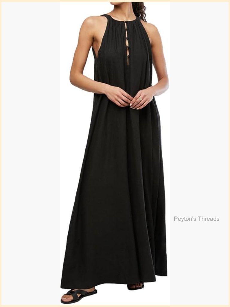 Flowy A-Line Maxi Dress With High Neck And Keyhole Back